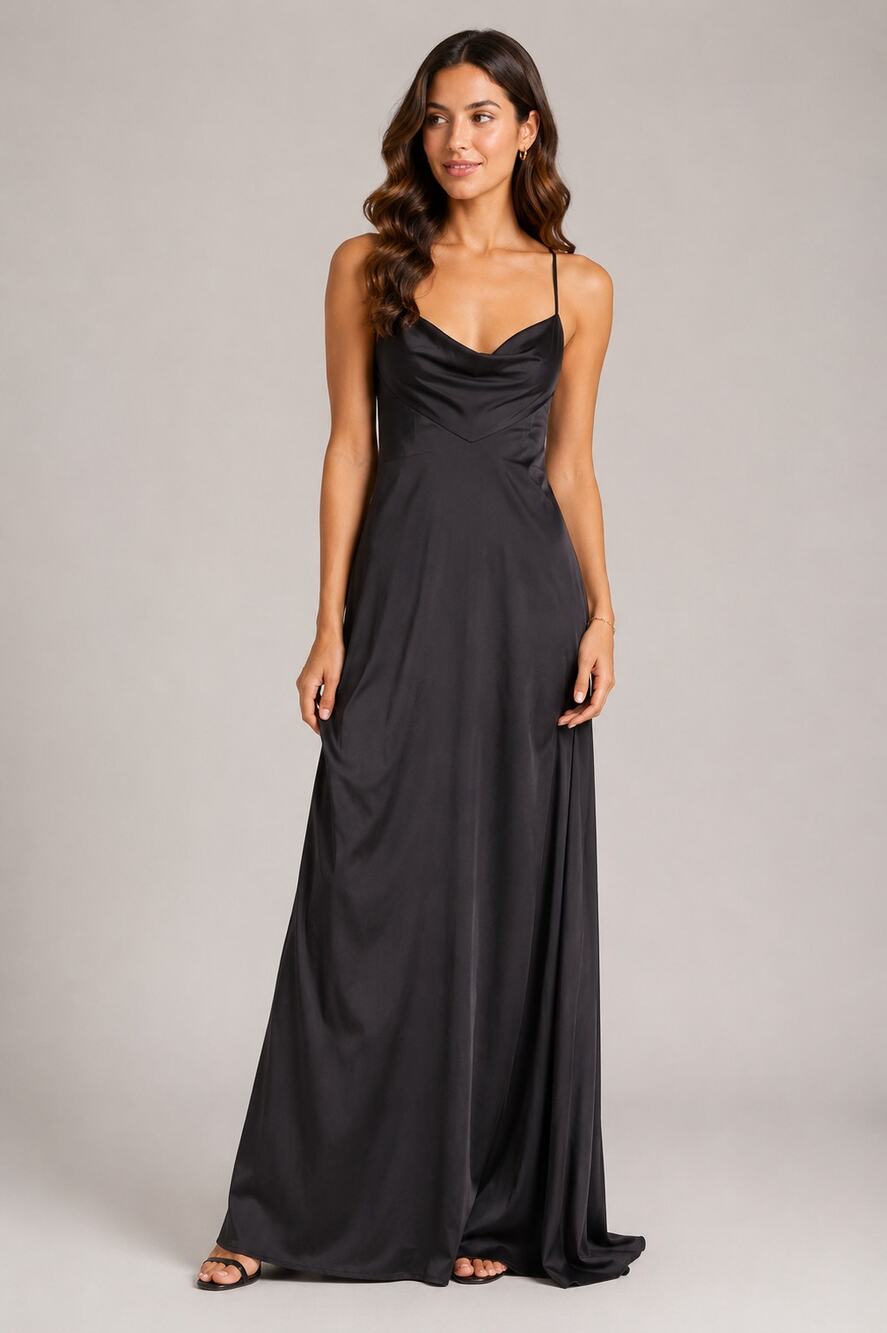 Allure Bridesmaids Satin Gown 6 Black Cowl Neck Formal Dress Prom Evening